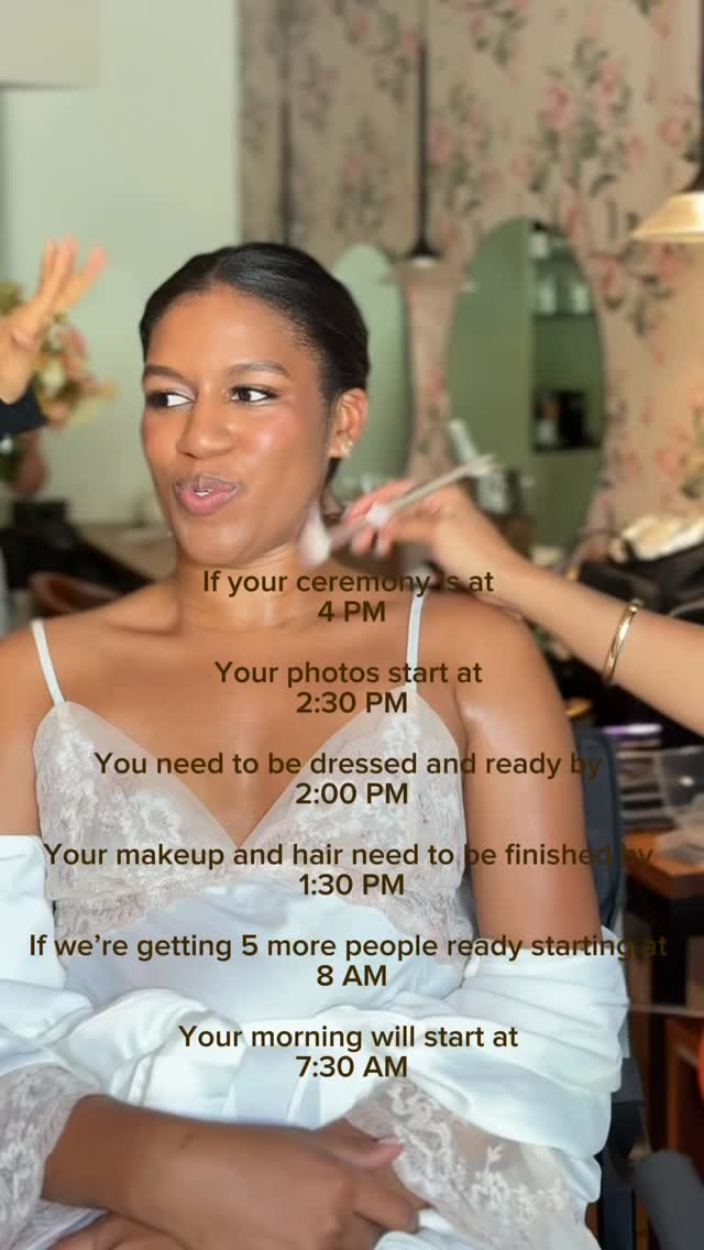 Timelines 🤍 

We know this is something many brides worry about because sometimes the start time can feel too early. But after years of experience, we also know this is the amount of time needed for the morning to flow smoothly, calmly, and on schedule ✨ 

Wedding mornings go by so much faster than expected, and there’s truly no such thing as “too early” for hair and makeup on such an important day. 

Before leaving, we always do final touch-ups to make sure everything looks perfect and polished for photos 🤍 

Trust your vendors when they guide you through your timeline — every timing recommendation is made with your experience and your wedding day flow in mind. 

#SanMiguelDeAllendeBride #QueretaroBride #MexicoCityBride #NaturalBridalMakeup #DestinationWeddingMexico 

natural bridal makeup San Miguel de Allende, bridal hair and makeup Queretaro, luxury bridal makeup Mexico City, destination wedding makeup artist Mexico, natural wedding hair and makeup